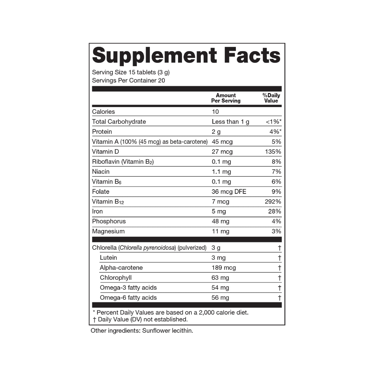 Sun Chlorella 300 tablets bottle nutritional information label
