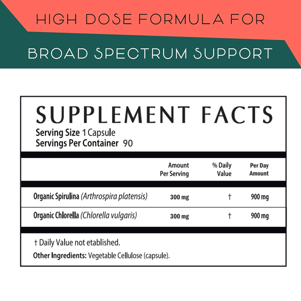 Teaveli Spirulina and Chlorella supplement facts label