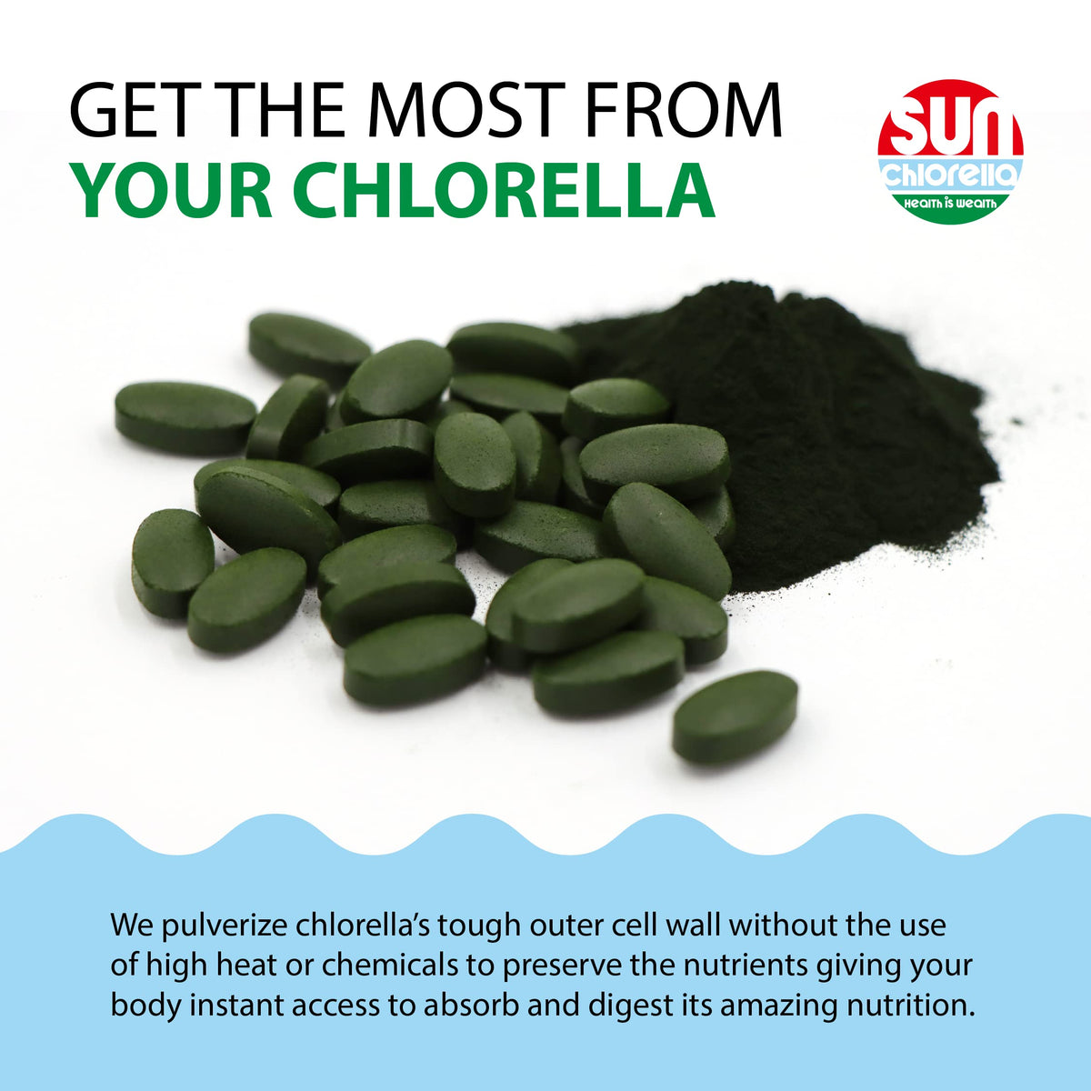 Sun Chlorella green algae tablets close up