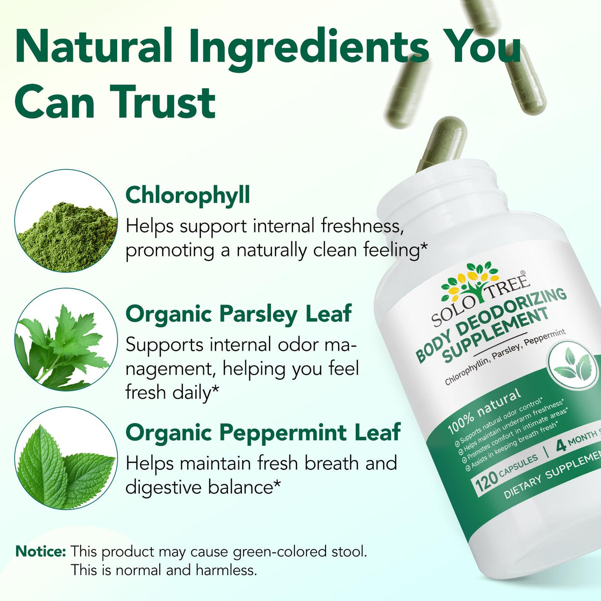 Vegan body deodorizer capsules with peppermint and parsley ingredients