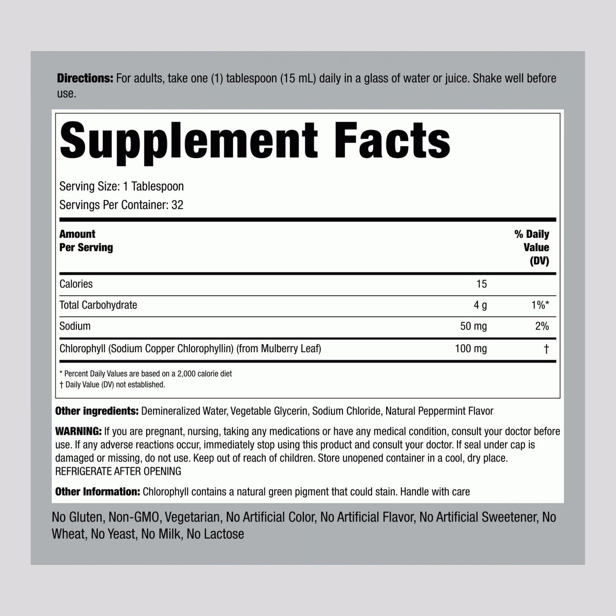Piping Rock Liquid Chlorophyll nutritional information label