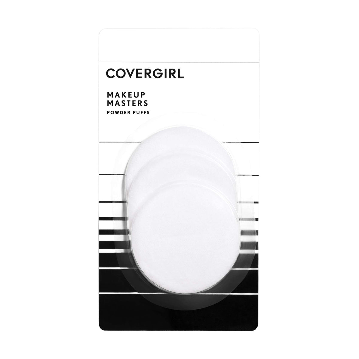 Three pack of white velour makeup puffs showing stitched border details for powder setting