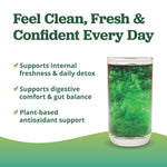All About Juicing superfood green juice drink mix dissolved in a glass of water