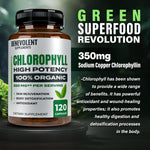 Benevolent Nourishment organic chlorophyll 350mg dietary supplement bottle for daily immune defense