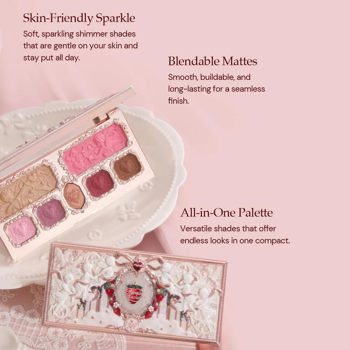 Close up of cherub and strawberry vine engravings on Flower Knows palette