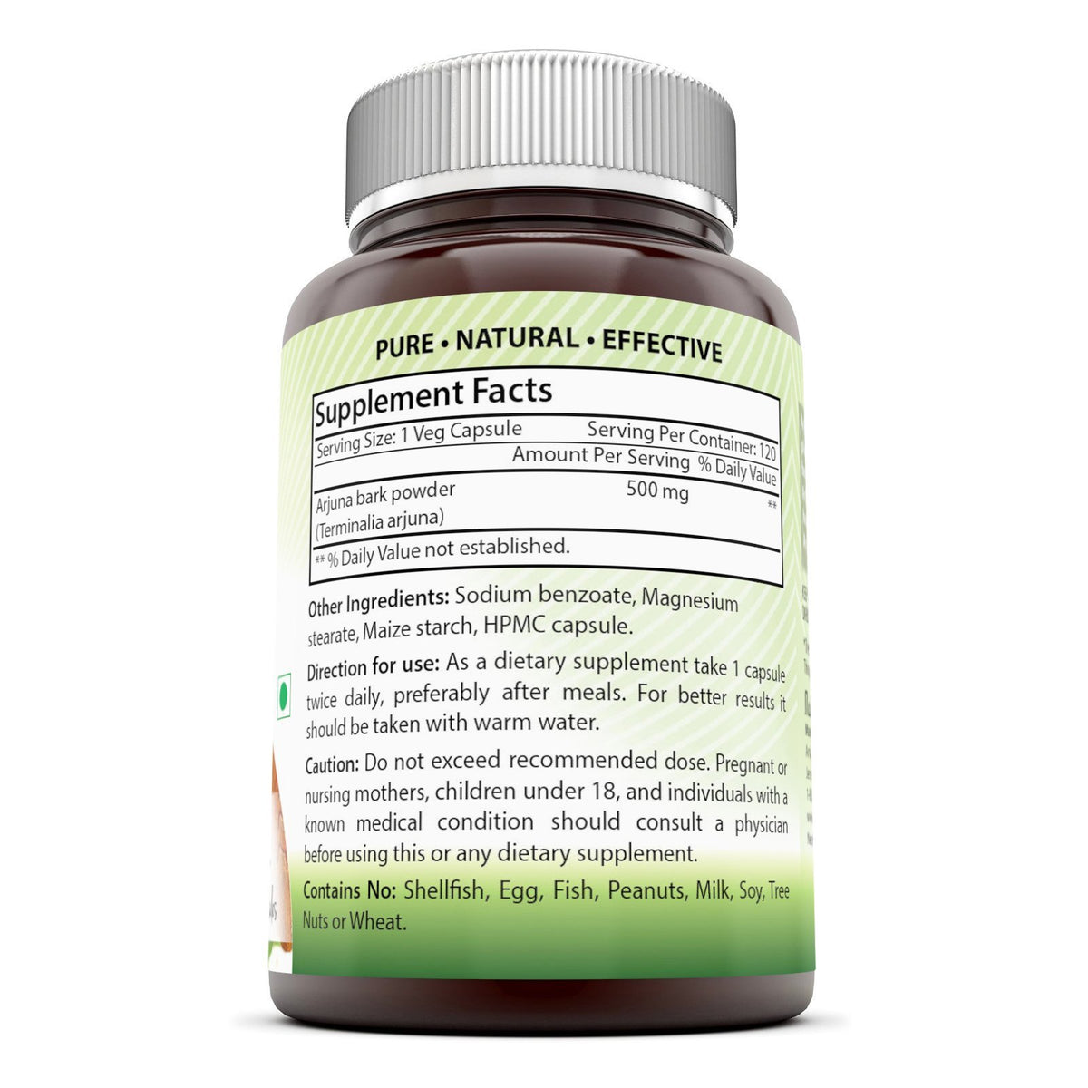 Side angle of Amazing India Arjuna Bark extract container highlighting the 25 percent standardized tannins claim.