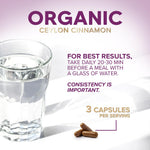 Close up of organic true cinnamon capsules bottle texture