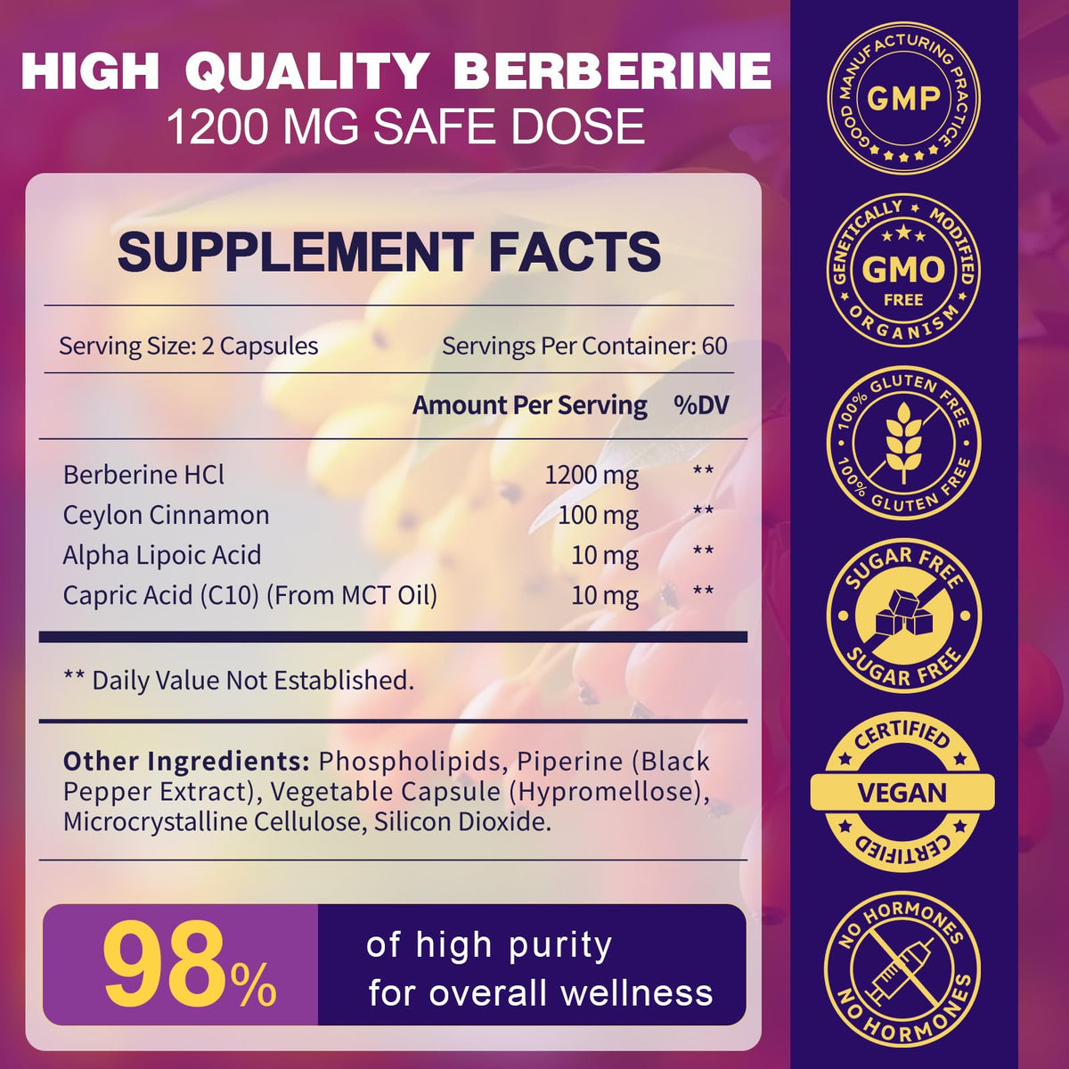 Zebora Berberine HCL supplement facts label