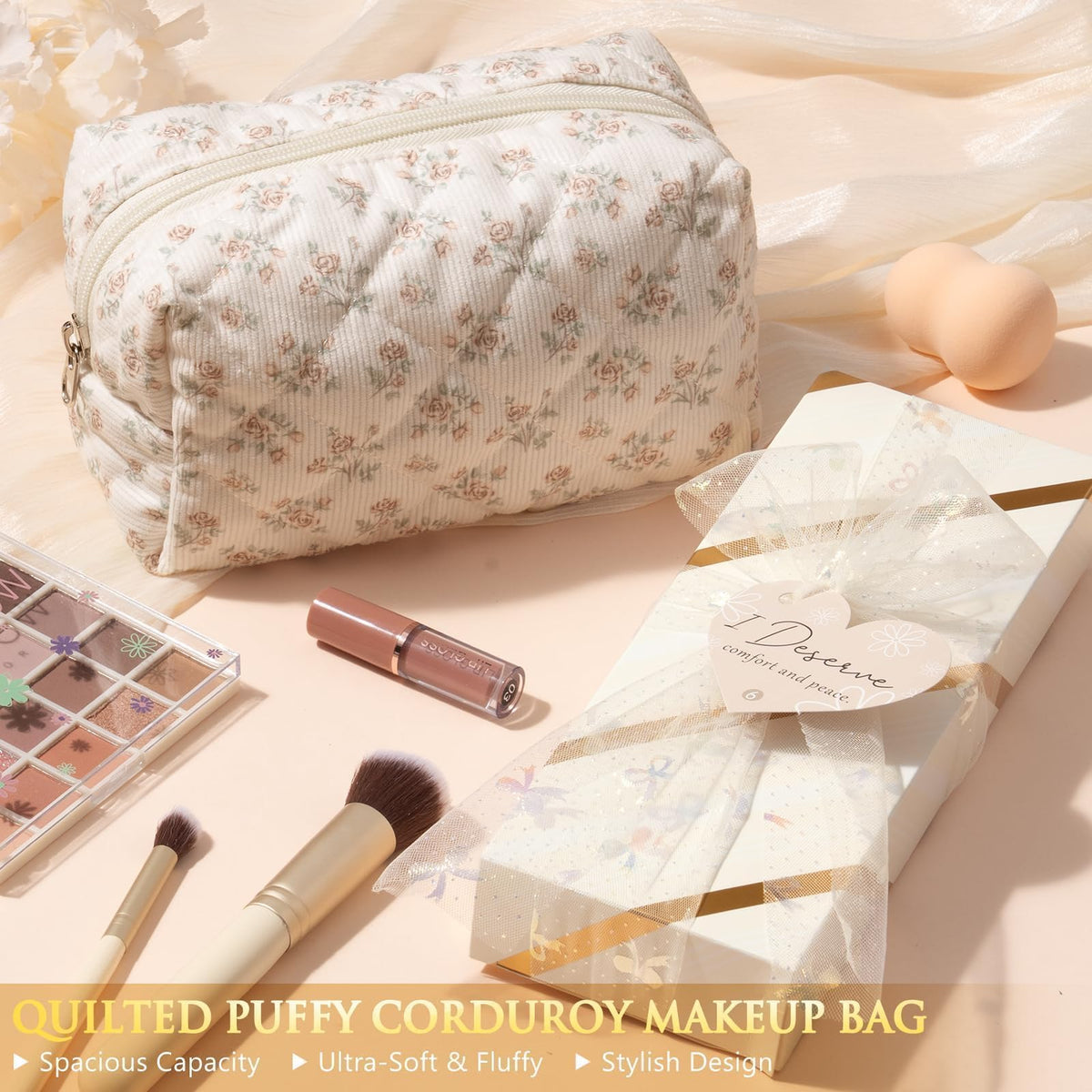 Qinline teen lifestyle collection showing the floral patterned makeup bag with the plush spa headband and wristbands.