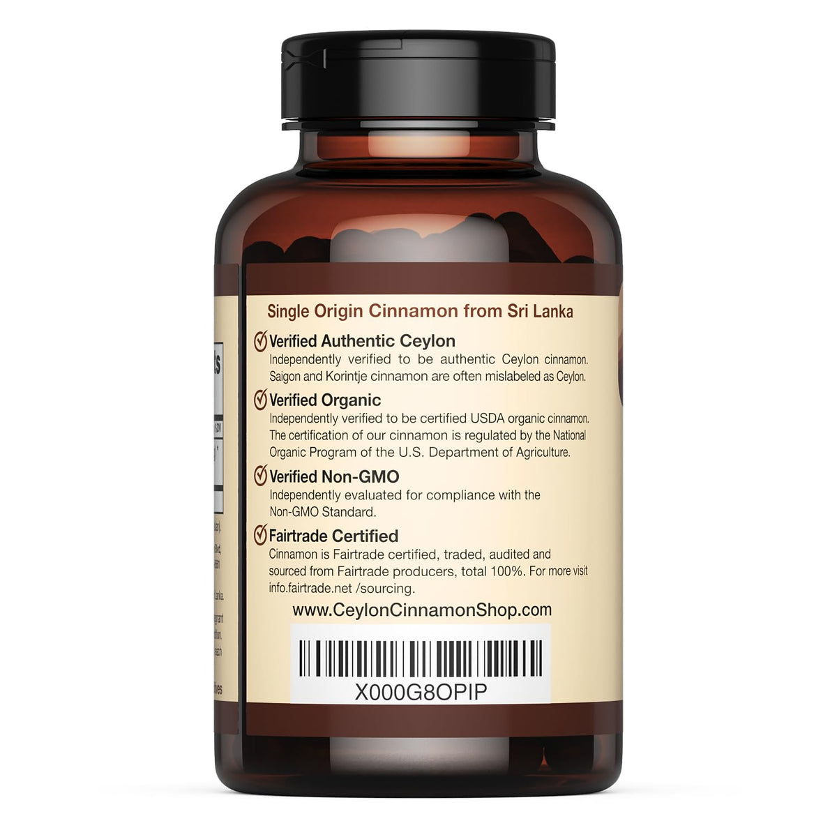 Ceylon Cinnamon Shop Organic Ceylon Cinnamon supplement bottle label details