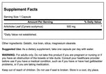 Supplement facts and ingredients label on the back of Swanson Artichoke Leaves 500mg bottle