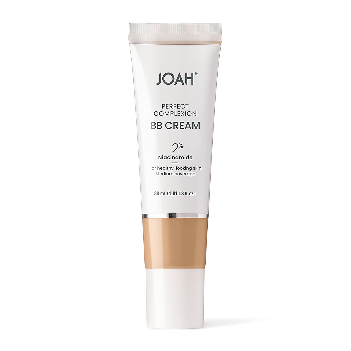 JOAH Beauty BB cream bottle angled view detailing the hyaluronic acid and niacinamide skincare benefits.