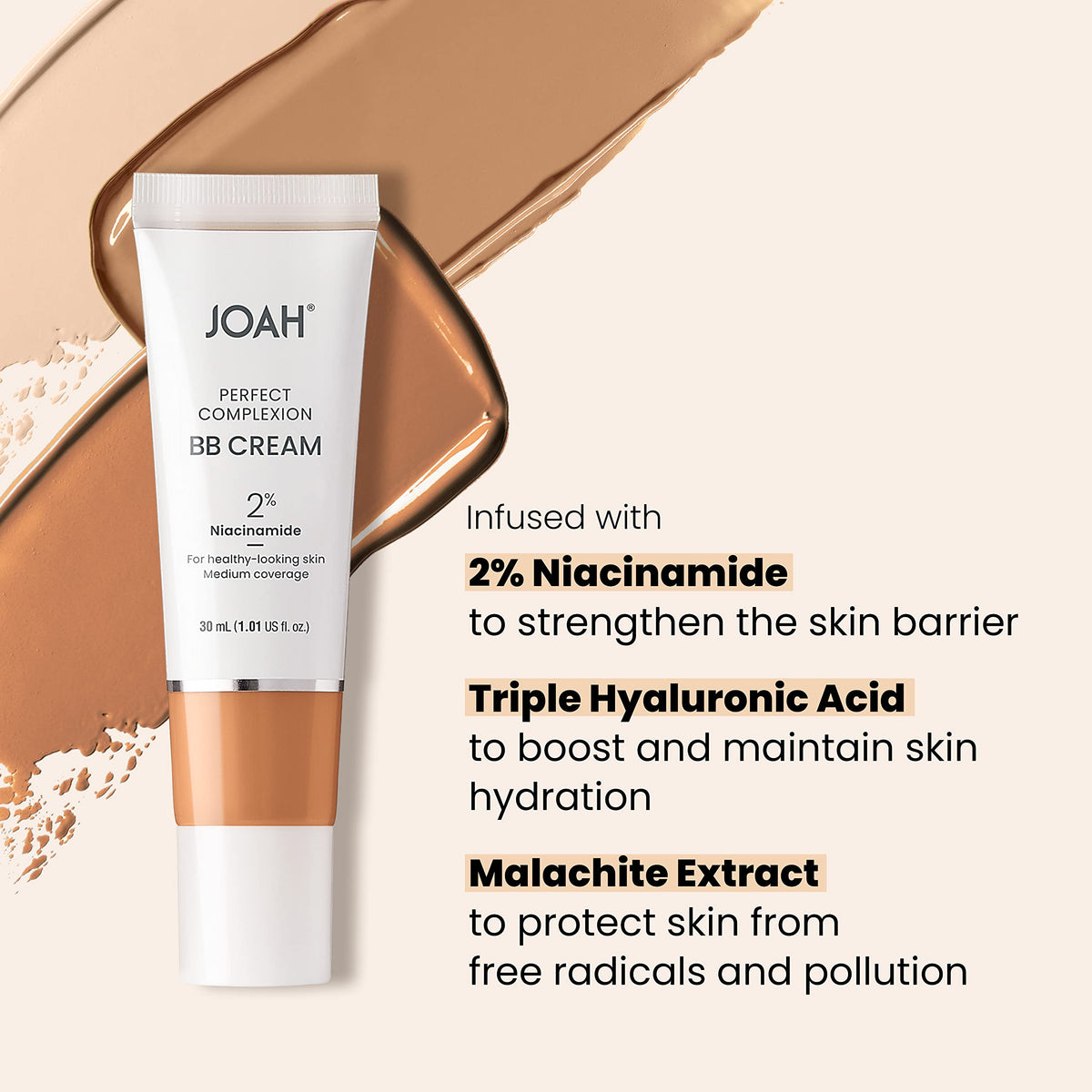 Lightweight semi matte finish BB cream by JOAH Beauty displayed with its easy dispensing cap.