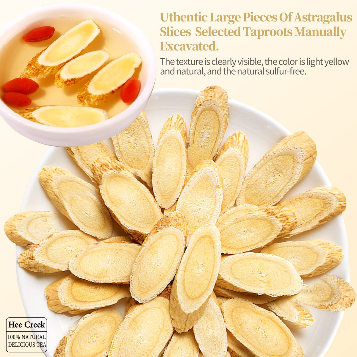 Naturally dried sulfur free Huang Qi root slices with visible chrysanthemum like core detail.