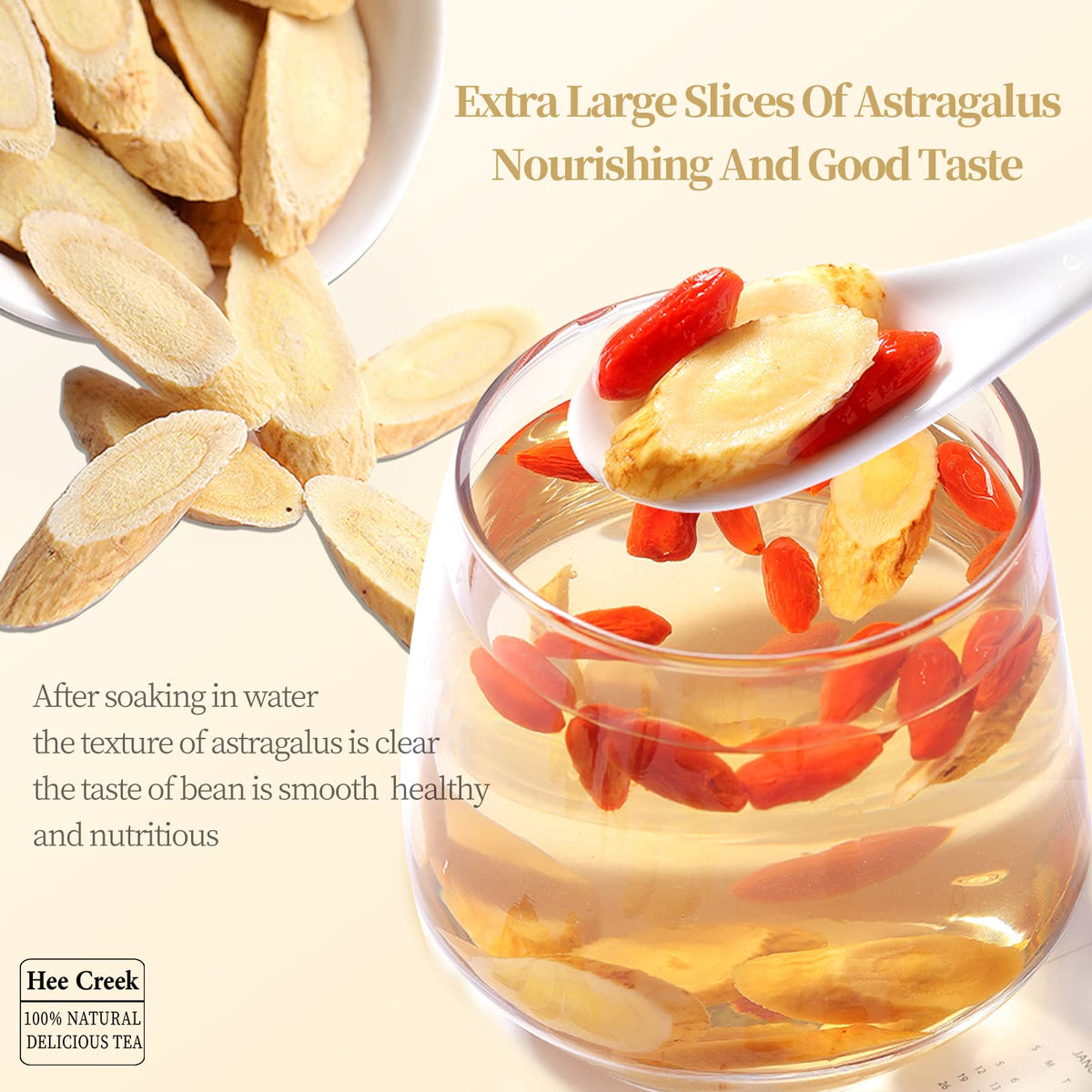Thick premium Chinese herbal tea supplement slices displayed out of the packaging.