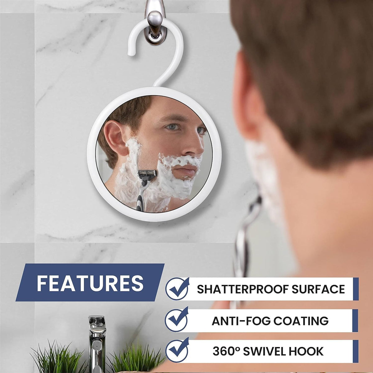 Mirrorvana fogless shaving glass mirror showcasing the integrated three hundred and sixty degree white rotatable hook.