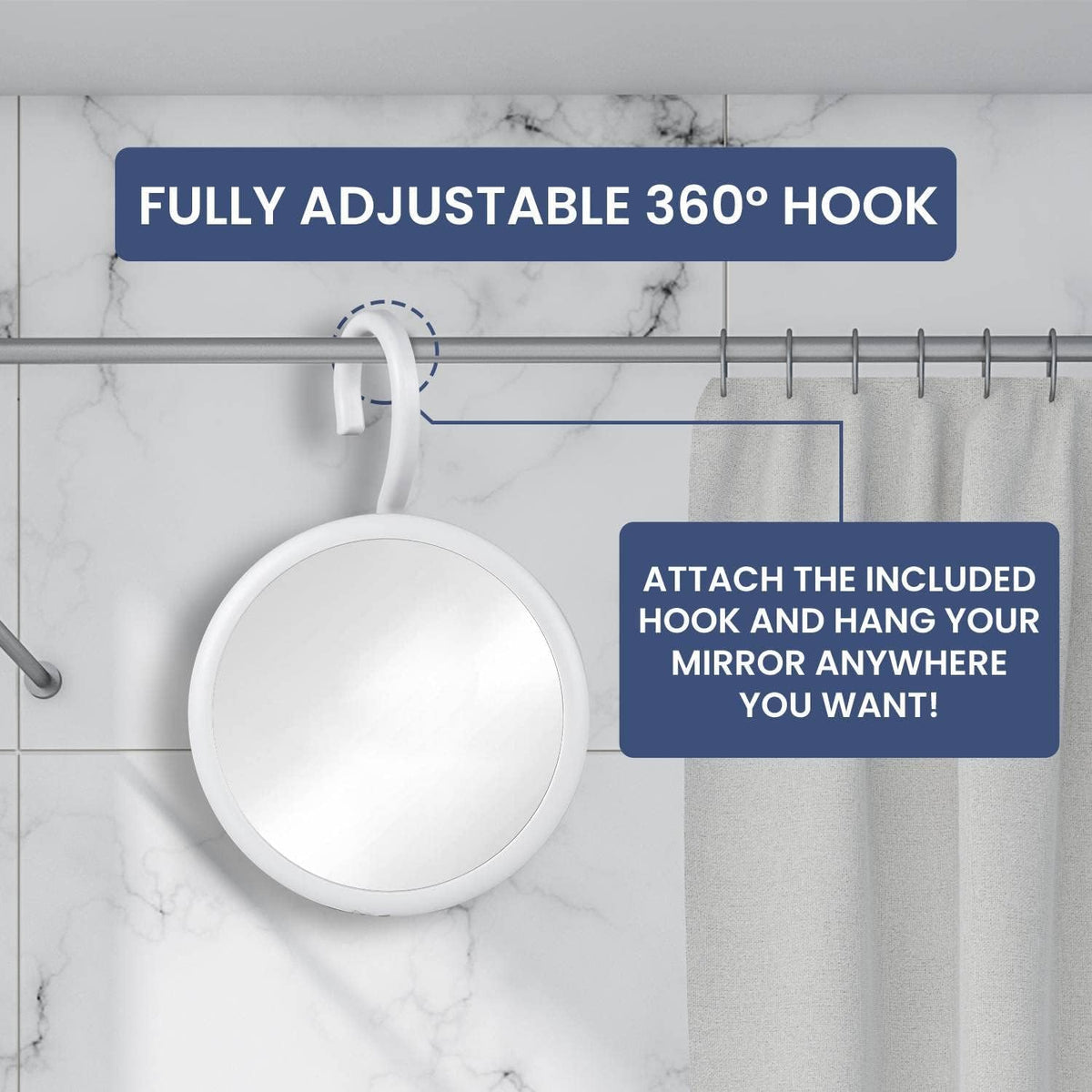 Mirrorvana shatterproof shower mirror being hung easily from a premium bathroom towel rack rod.