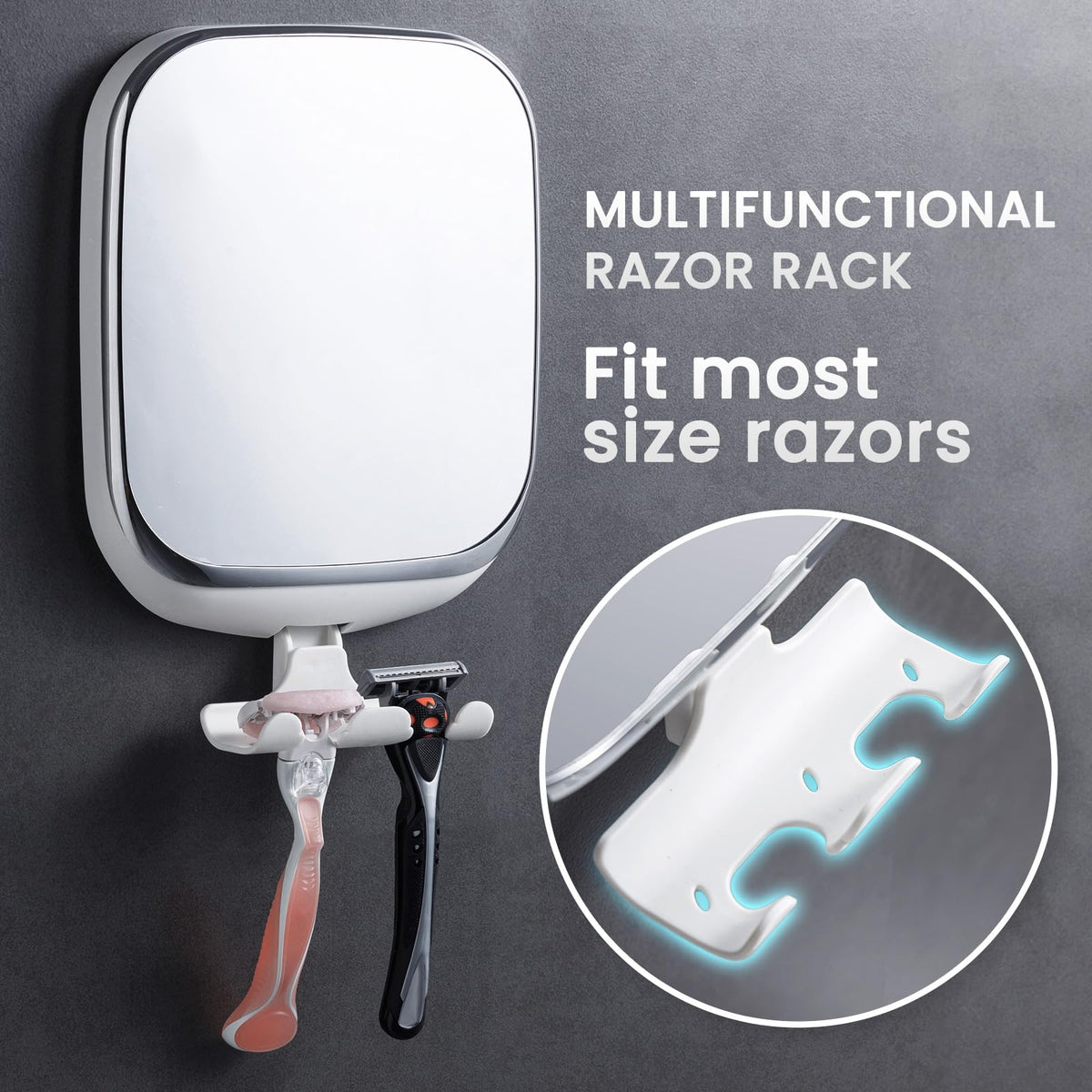 TAILI wall mounted bathroom mirror demonstrating the powerful suction cup mechanism