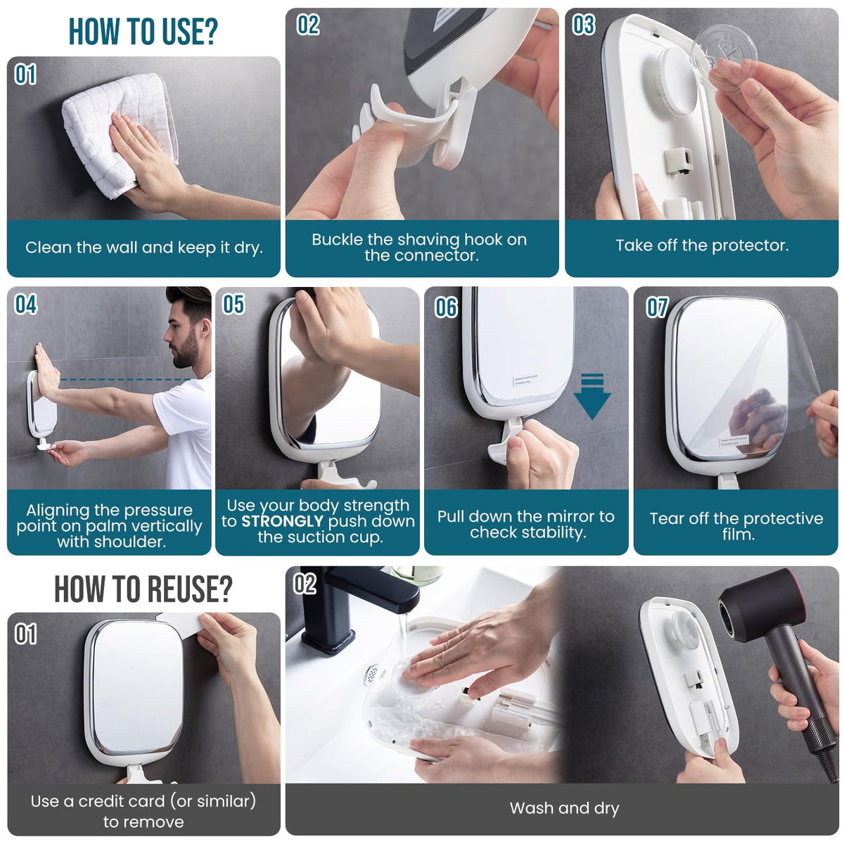TAILI removable shaving mirror being uninstalled from a smooth glass surface without tools
