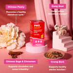 Side view of herbal PMS relief bottle showing supplement facts and clean formulation details