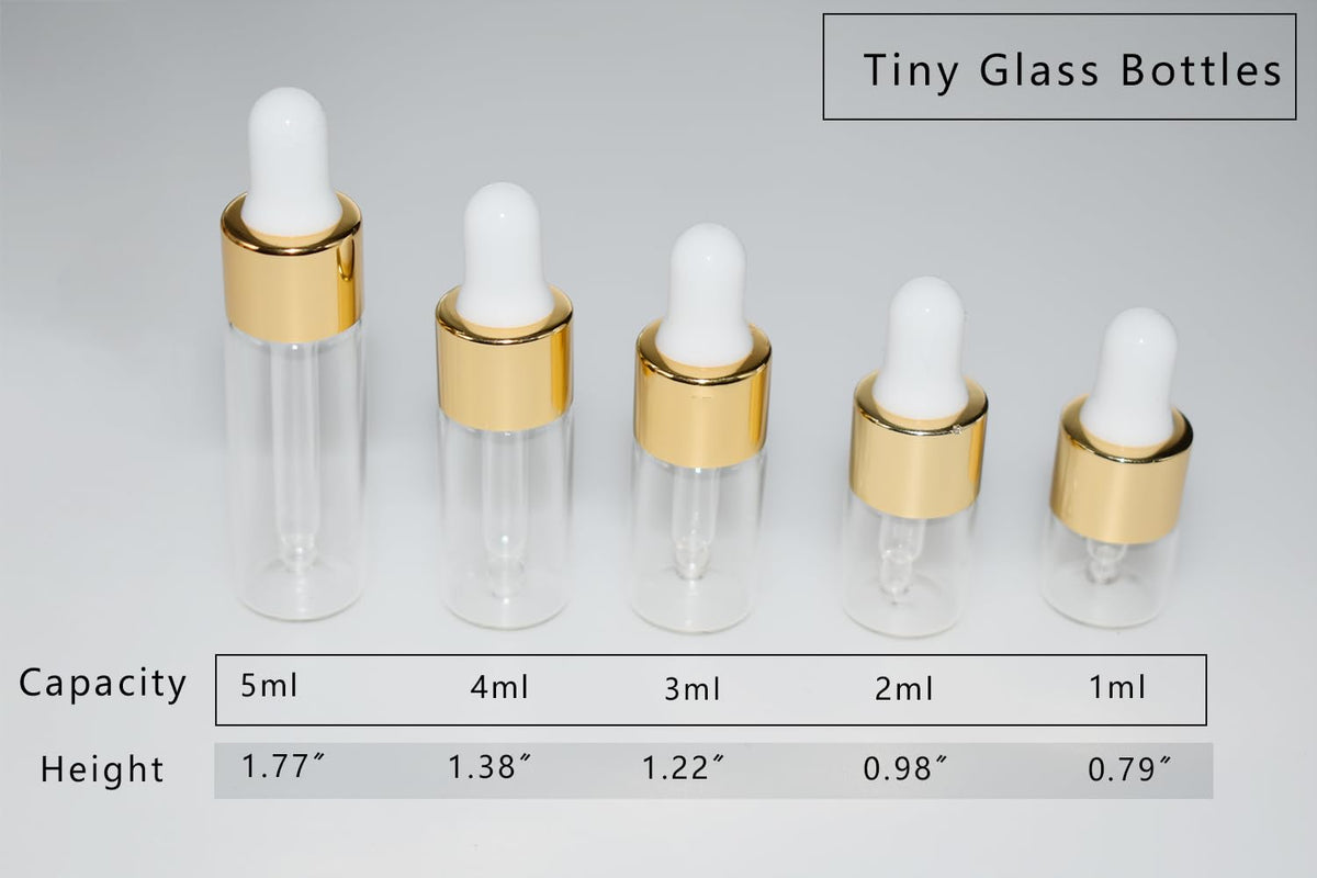 Small 1 milliliter to 5 milliliter sample bottles for liquids