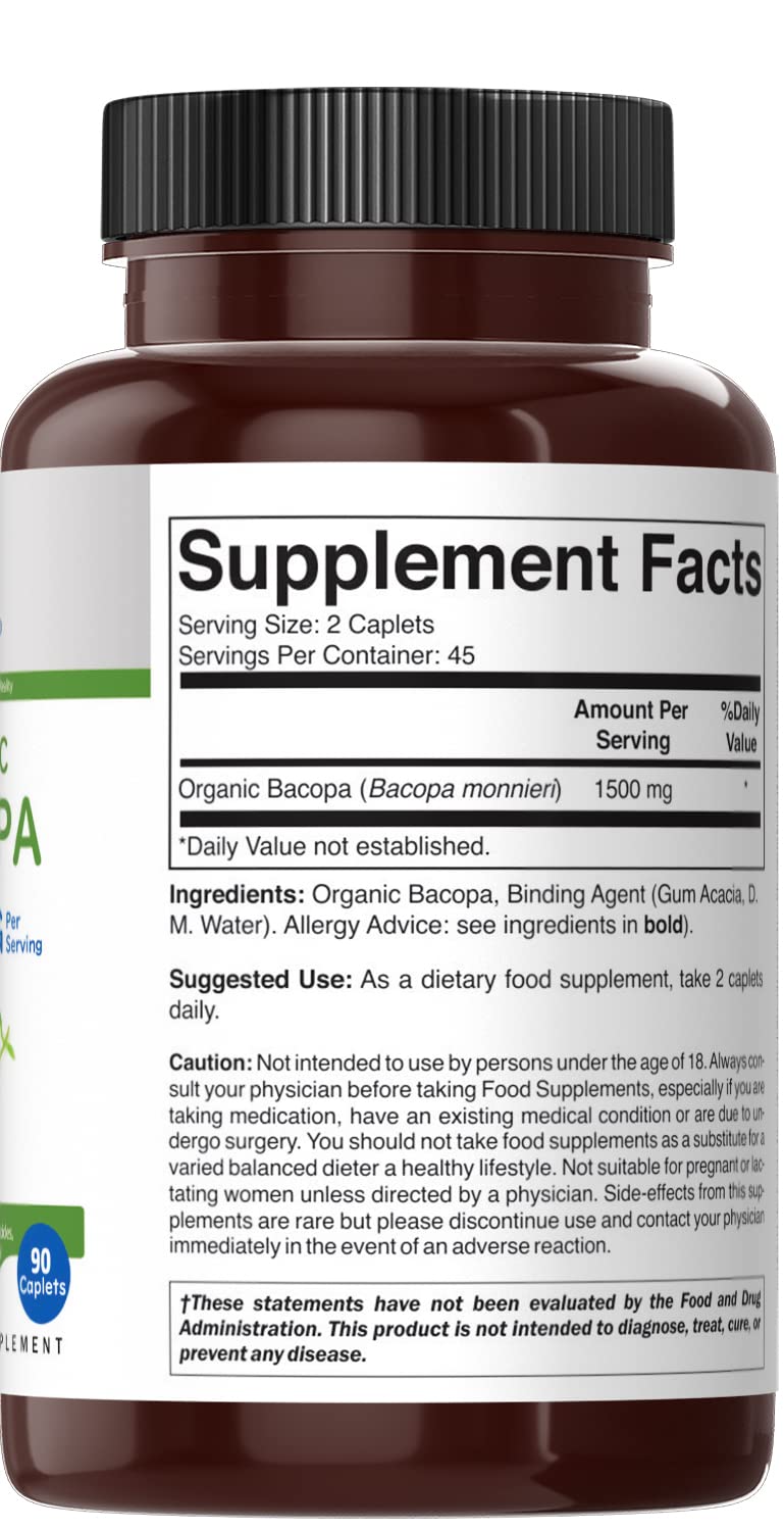 Gluten free organic Bacopa monnieri 90 tablets side view