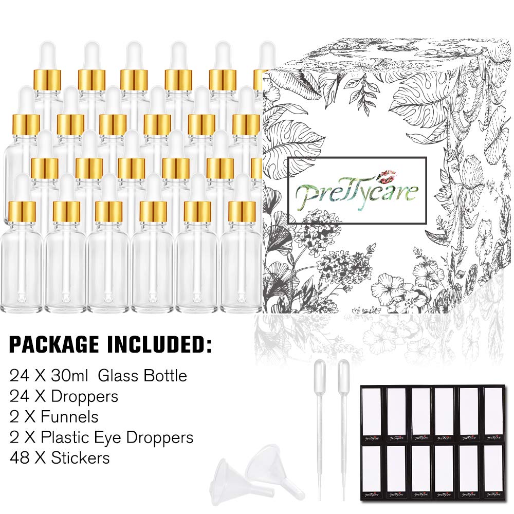 PrettyCare 30 milliliter clear glass bottles with golden caps.