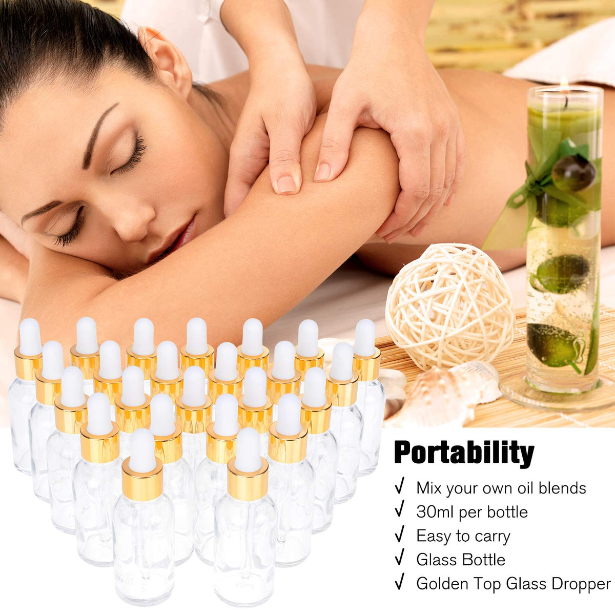 PrettyCare glass dropper bottles with funnels and labels accessories.