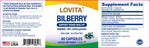 Lovita Bilberry Extract sixty vegan capsules packaging showcasing ninety-five percent anthocyanins standard certification