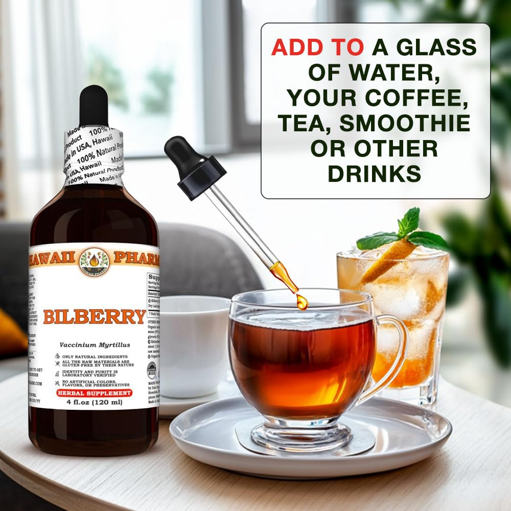 Hawaii Pharm bilberry dry leaf liquid tincture bottle showing the amber glass protection design that maintains herbal potency.