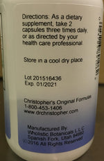 Dr. Christopher's Bilberry Eye one hundred vegetarian capsules supplement label showing ingredient details.