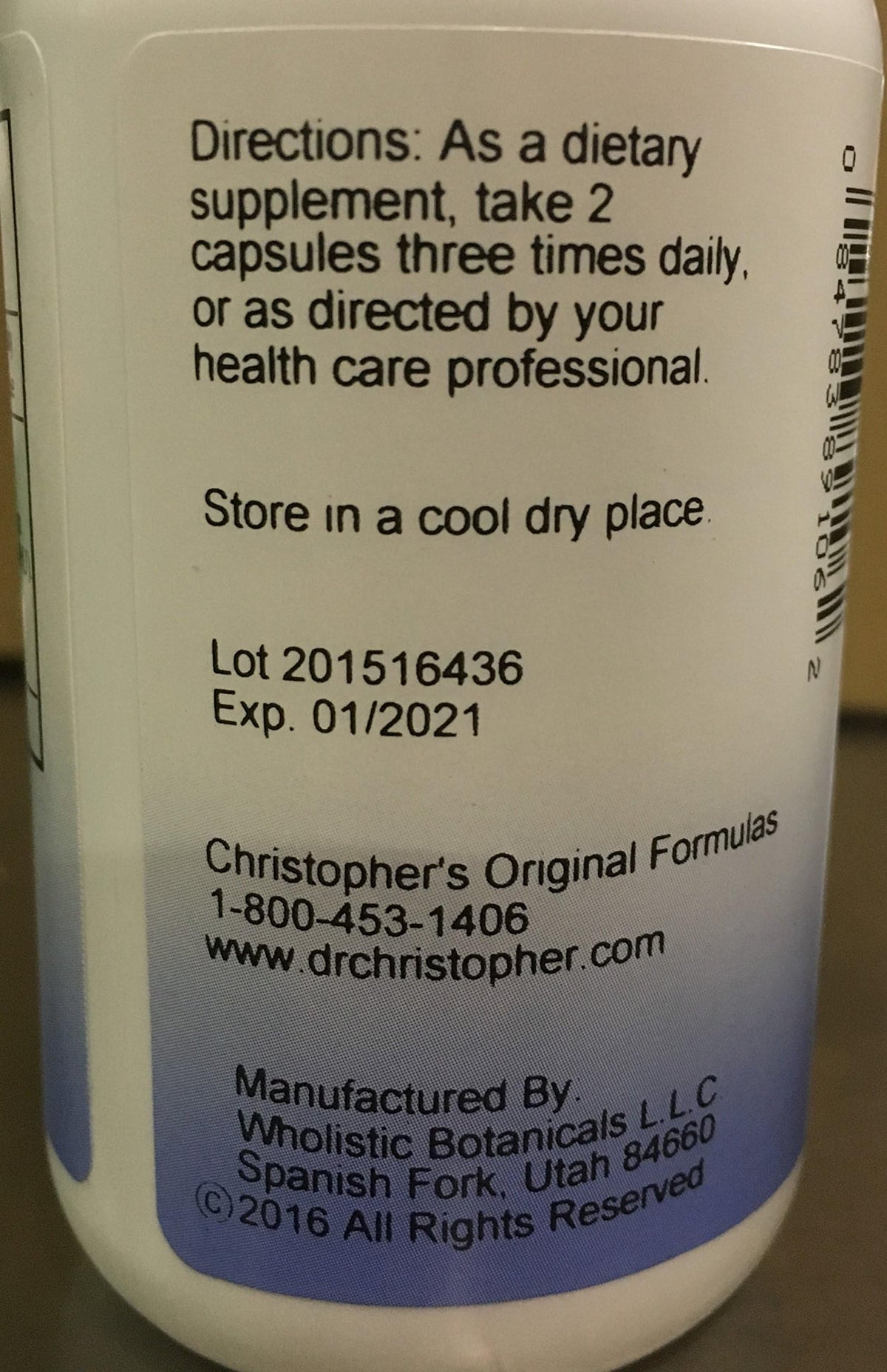Dr. Christopher's Bilberry Eye one hundred vegetarian capsules supplement label showing ingredient details.