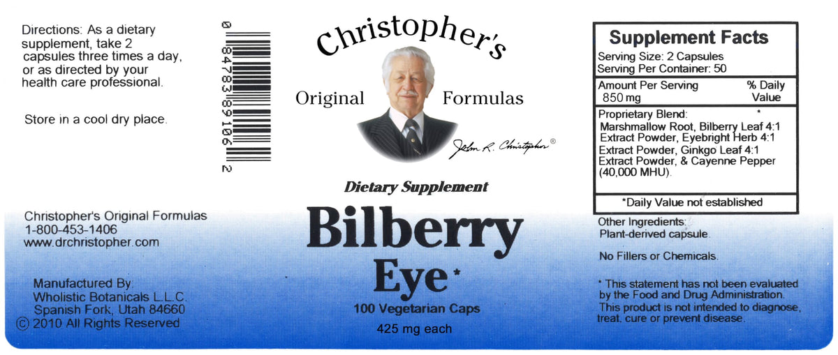 Dr. Christopher's Bilberry Eye four hundred twenty five milligrams capsule bottle showcasing packaging details.