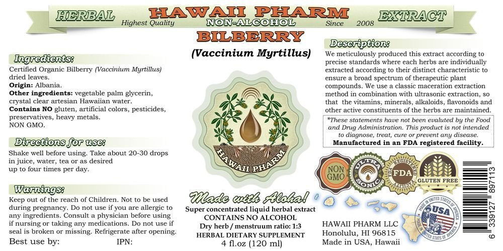 Side view of Hawaii Pharm Bilberry Glycerite showcasing product ingredients and organic certification details.