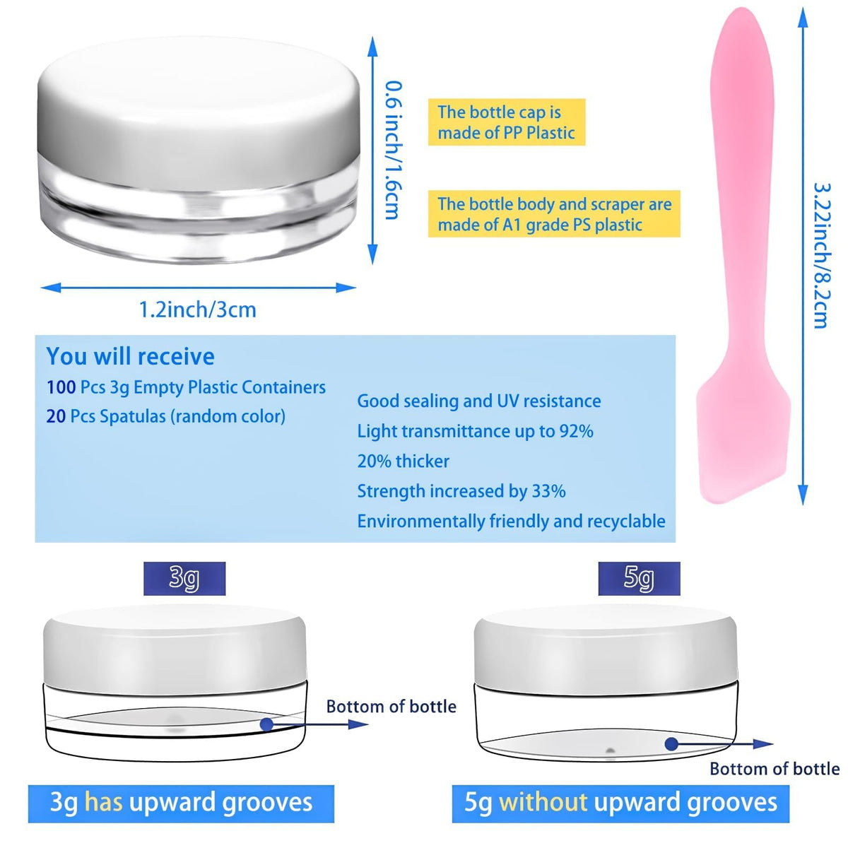 Close up of MotBach clear cosmetic pots with white lids