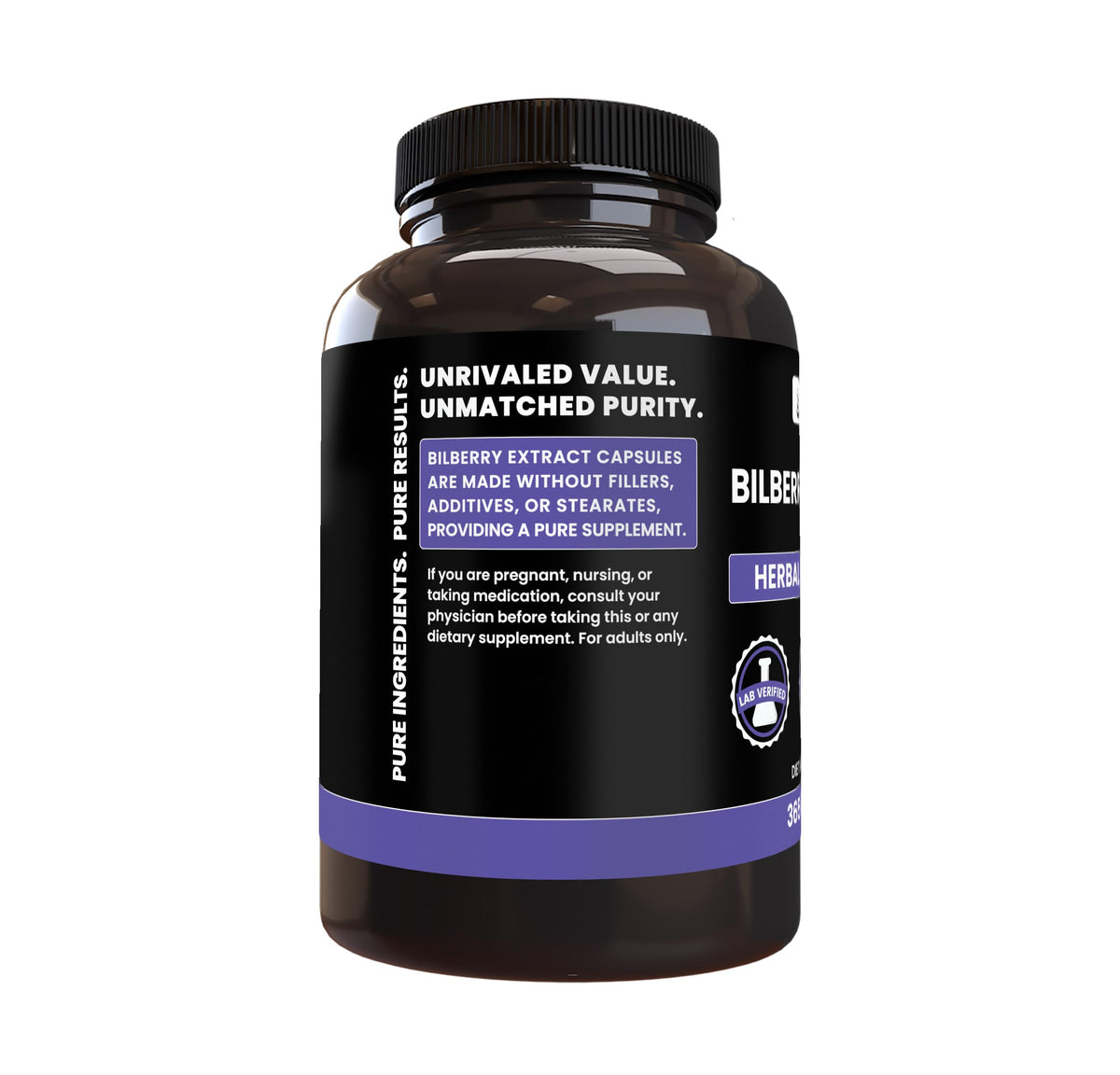 Authentic USA imported Bilberry Extract 365 capsules bottle side view.