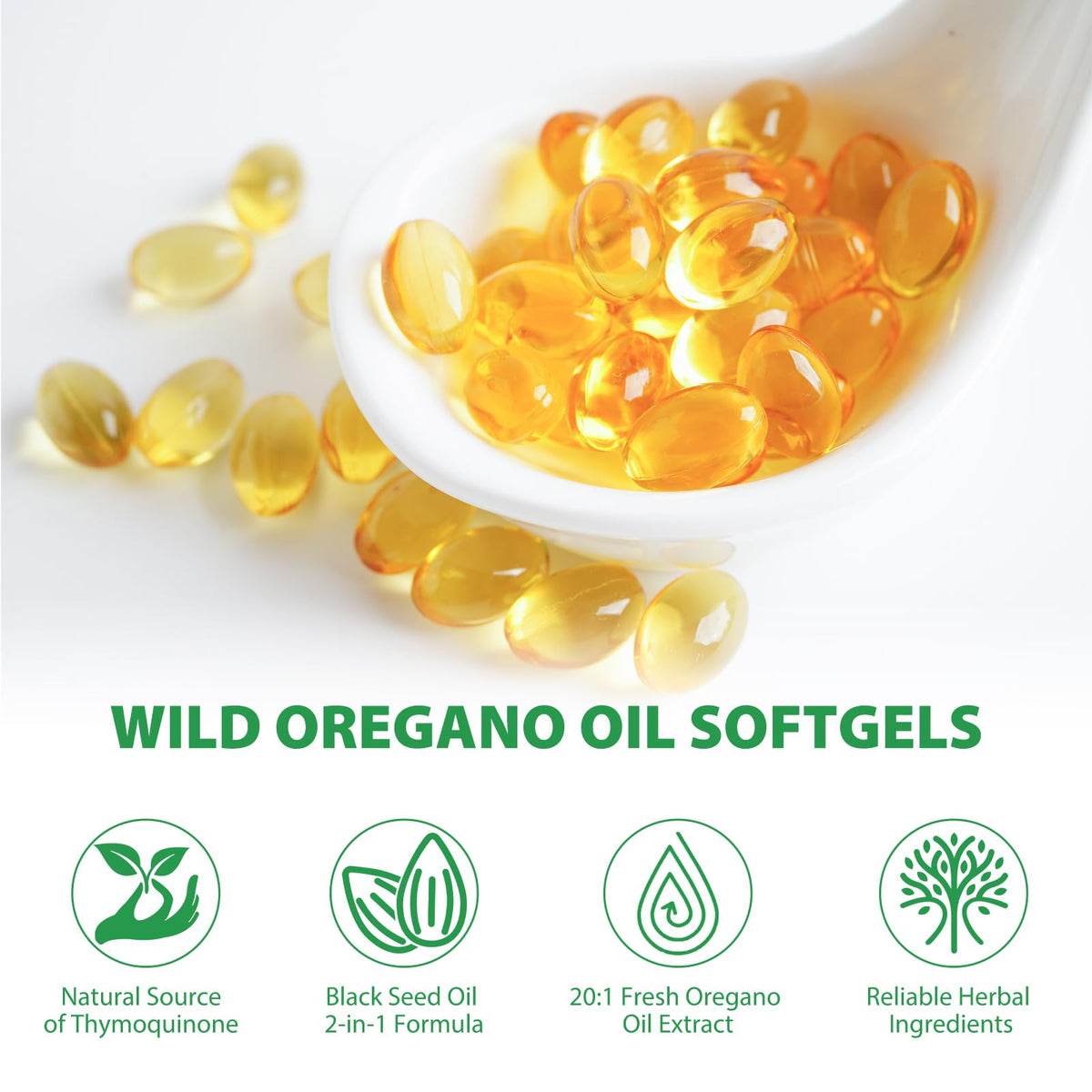 Organic wild oregano oil with black seed oil softgels dietary ingredients label details.