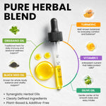 Close up of liquid herbal supplement dropper bottle showing premium USA imported design