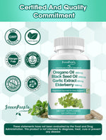 GreenPeople oregano leaf extract supplement showing bioavailability details with black pepper and magnesium for superior absorption.
