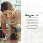 Global Healing liquid oregano capsules bottle showing supplement facts and organic ingredients