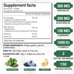 Side view of Obill NuTrance 300 count bottle highlighting gluten free and non GMO certifications.