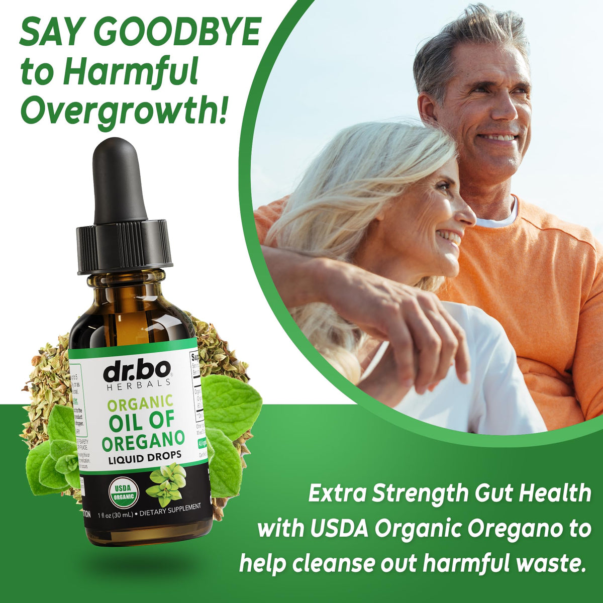 Back label of Dr. Bo Oregano Oil drops with supplement facts and carvacrol details
