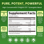 Lukaree oregano oil capsules supplement facts label and 5-in-1 ingredient list close up