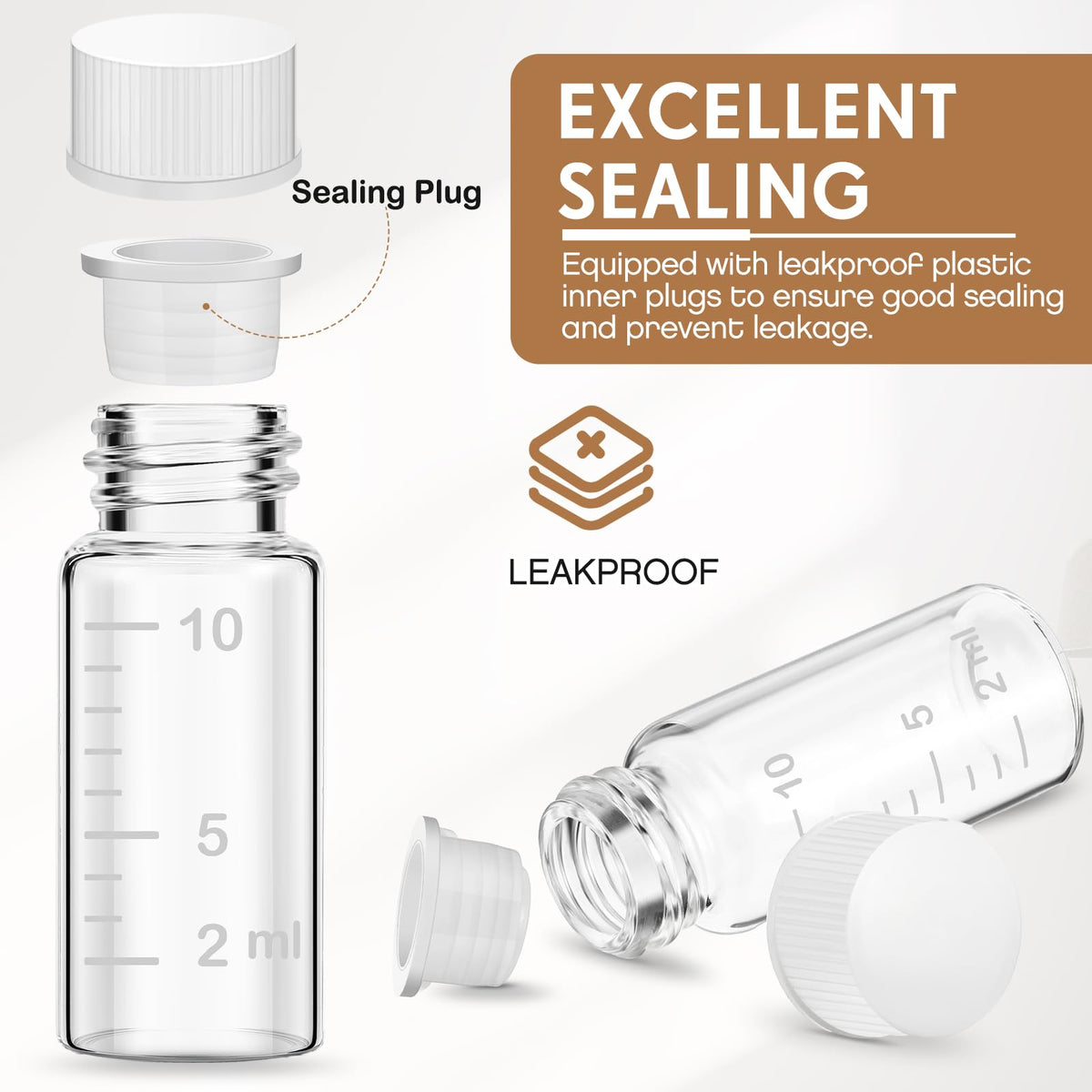 Baderke travel accessories set highlighting the white leakproof polypropylene plug being inserted into the glass neck