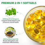 Side angle of imported Acentia Labs oregano and black cumin seed oil supplement showing complete nutritional information label