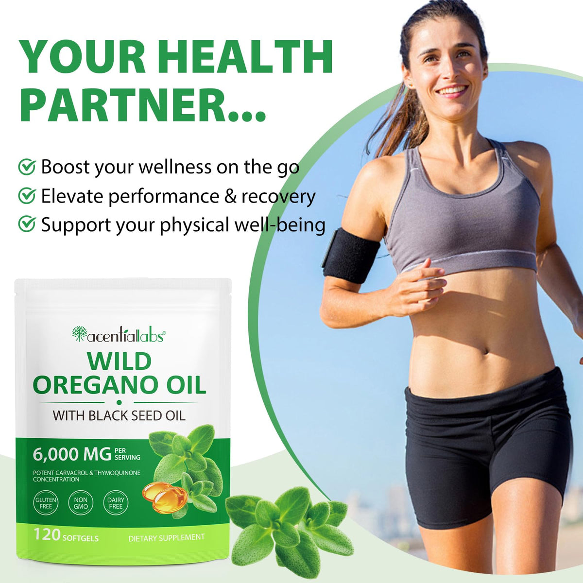 Acentia Labs oil of oregano complex bottles showing the gluten free and dairy free manufacturing seals clearly