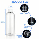 Six empty sixty milliliter travel containers with white screw lids and a filling funnel