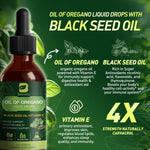 Side angle of B BEWORTHS oregano oil drops packaging showing the product specifications