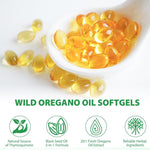Back label of EILTEAU oregano and black seed oil softgels highlighting third-party lab tested certification.