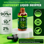 Liquid herbal supplement dropper bottle showing ninety percent carvacrol content details